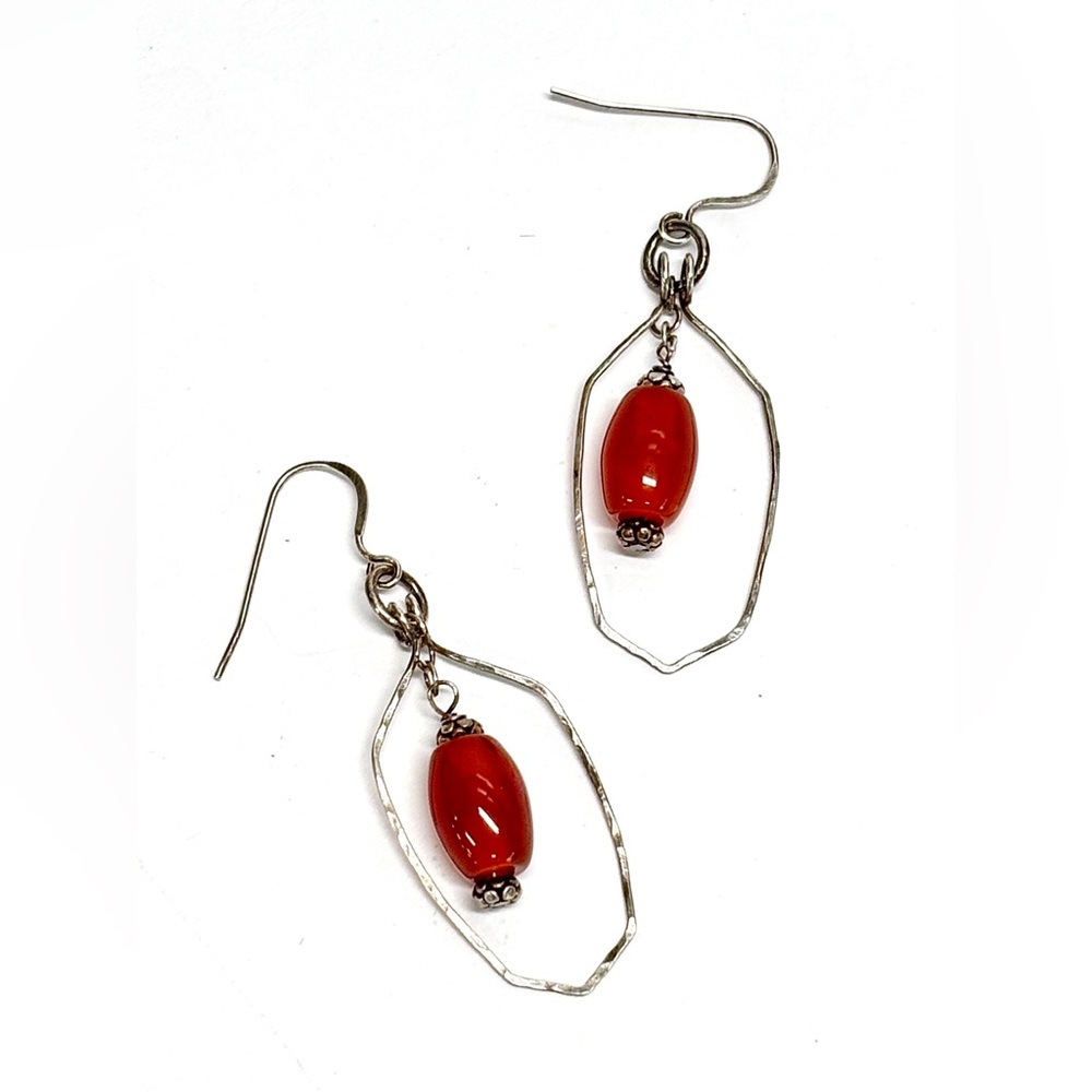 HAND CRAFTED Sterling Silver and Carnelian Geometric Dangle Earrings, Handmade